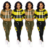 Women Printed Sports Casual Hooded Top and Pant Two-piece Set