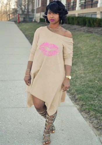 Women Sexy Slash Shoulder Lip Print Loose Dress