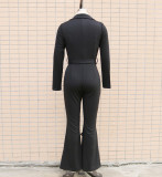 Women Turndown Collar Long Sleeve Bell-Bottom Jumpsuit