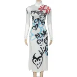 Women Fall Round Neck Long Sleeve Graffiti Letter Print Dress