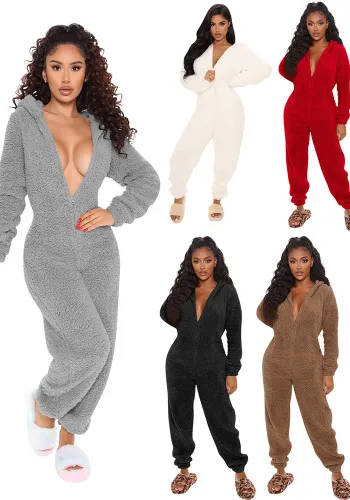 Women Long Sleeve Hooded Casual Jumpsuit