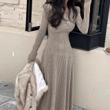 Winter Chic Slim Fit Ribbed V-Neck Knitting Dress Long Basic Dress