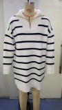 Women Autumn and Winter V-neck Long Sleeve Striped Loose Casual Knitting Sweater Dress