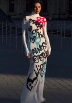 Women Fall Round Neck Long Sleeve Graffiti Letter Print Dress
