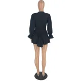 Women V-Neck Ruffle Sleeve Elegant Pleated Dress