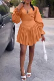 Women V-Neck Ruffle Sleeve Elegant Pleated Dress