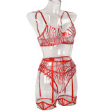 Women Embroidered Stripe Embroidery Patchwork See-Through Sexy Lingerie Set