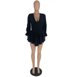 Women V-Neck Ruffle Sleeve Elegant Pleated Dress