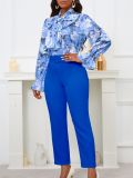 Women Print Lace-Up Long Sleeve Top and High Waist Suit Casual Two-piece Set