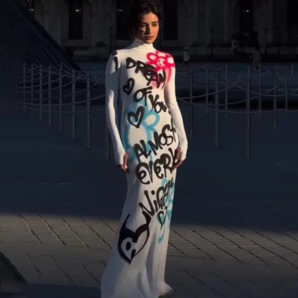 Women Fall Round Neck Long Sleeve Graffiti Letter Print Dress