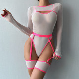 Women Stretch Mesh See-Through Contrast Color Long Sleeve Camisole Bodysuit Sexy Lingerie Three-Piece