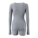 Round Neck Long-Sleeved Multi-Button Stretch Slim Fit Jumpsuit Sports Yoga Solid Color Cotton One Piece Shorts