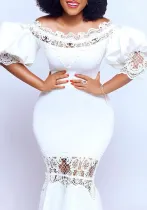 Women Off Shoulder Puff Sleeve Lace Patchwork Formal Party Mermaid Dress