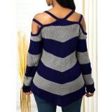 Women winter sweater Patchwork off-shoulder striped knitting loose sweater