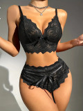 Women See-Through mesh Lace-Up lace Sexy Lingerie Set