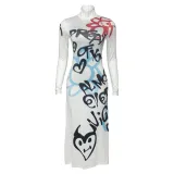 Women Fall Round Neck Long Sleeve Graffiti Letter Print Dress