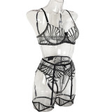 Women Embroidered Stripe Embroidery Patchwork See-Through Sexy Lingerie Set