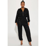 Women Autumn and Winter Sequined Sexy V-Neck Long Sleeve Zipper Jumpsuit