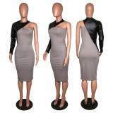 Women Sexy Pu Leather Patchwork Long Sleeve Dress