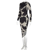 Women's Fall Fashion Cow Print Long Sleeve Casual Hooded Dress