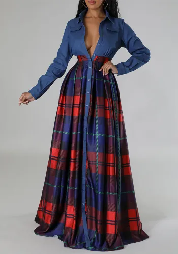 Women Casual Printed Turndown Collar Shirt Dress