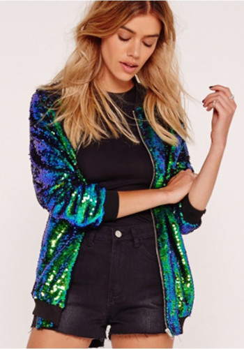 Casual Women's Fall Outer Coat Plus Size Loose Sequin Baseball Jacket