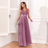 Patchwork Elastic Waist Sleeveless Double V Neck Evening Gown with Embroidered Tulle Elegant Long Swing Party Dress