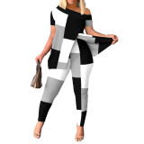 Women's Casual Fashion Graphic Print Slit Short Sleeve Top Pants Two Piece Set