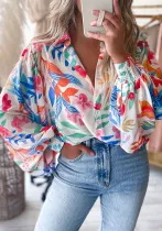 Autumn Multicolor Floral Print Puff Sleeve Shirt