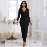 Women's Autumn Fashion Sexy V-Neck Slim Pleated Solid Color Long-Sleeved Dress