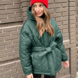 Women's Winter Clothes Slim Fit Lace-Up Turndown Collar Long Sleeve Long Style Hooded Cotton-Padded Jacket