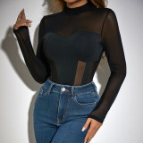 Women's Mesh Patchwork Tight Fitting See-Through Sexy Bodysuit