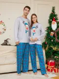 Christmas Cartoon Deer Blue Plaid Round Neck Long-Sleeved Parent-Child Family Pajama Set