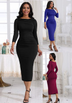 Chic Solid Color Slim Fit Casual Fall Slim Long Sleeve Women's Midi Bodycon Dress
