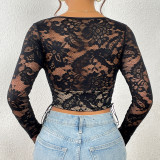 Women's Sexy Hollow Lace Patchwork V-Neck Long-Sleeved Lace-Up Top