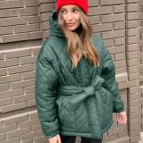Women's Winter Clothes Slim Fit Lace-Up Turndown Collar Long Sleeve Long Style Hooded Cotton-Padded Jacket