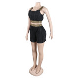 Women Sexy Pleated Webbing Patchwork Suspenders Top and Shorts Two-Piece Set