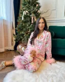 Santa Claus Print Two Piece Lounge Satin Pajamas Set