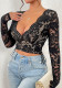 Women's Sexy Hollow Lace Patchwork V-Neck Long-Sleeved Lace-Up Top