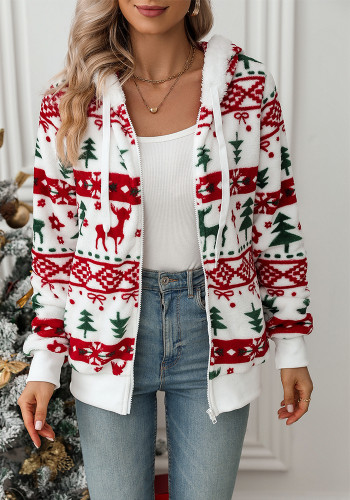 Autumn And Winter Women's Long-Sleeved Cardigan Christmas Printed Fleece Jacket