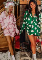 Santa Claus Print Two Piece Lounge Satin Pajamas Set