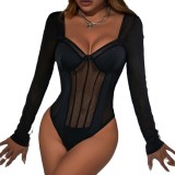 Autumn And Winter Sexy See-Through Low Back Lacemesh Patchwork Long-Sleeved Bodysuit