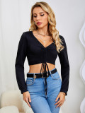 Women's Autumn Short Drawstring Sexy Solid Color Top Casual Romantic Fashion Long Sleeve V-Neck T-Shirt