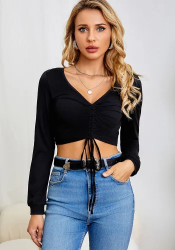 Women's Autumn Short Drawstring Sexy Solid Color Top Casual Romantic Fashion Long Sleeve V-Neck T-Shirt