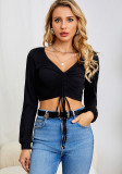 Women's Autumn Short Drawstring Sexy Solid Color Top Casual Romantic Fashion Long Sleeve V-Neck T-Shirt