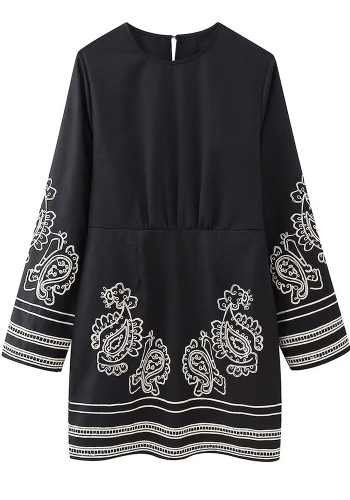 Autumn Women's Black Long Sleeve Embroidered Loose Dress
