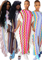 Women's Ruffled Knitting Striped Slit Maxi Dress