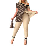 Women's Casual Fashion Graphic Print Slit Short Sleeve Top Pants Two Piece Set