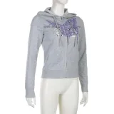 Women's Butterfly Print Zipper Patchwork Basic Hoodies Early Autumn Outdoor Wear Casual Simple Jacket
