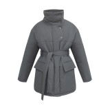 Autumn And Winter Stand Collar Belt Cotton-Padded Jacket